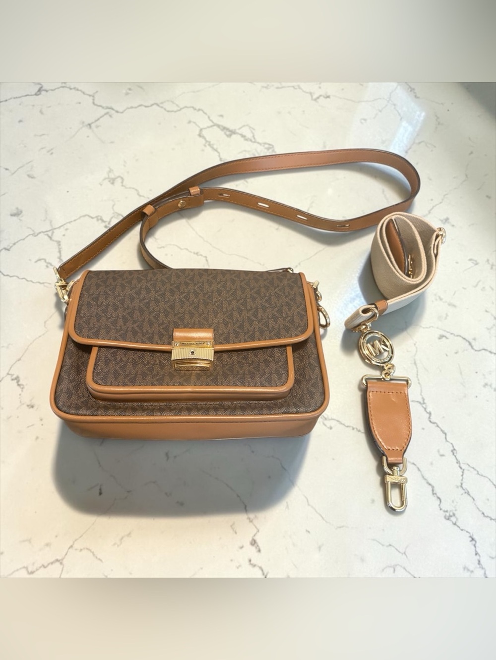 Michael Kors Brown Logo Crossbody with Tan Leather Trim and Gold Hardware